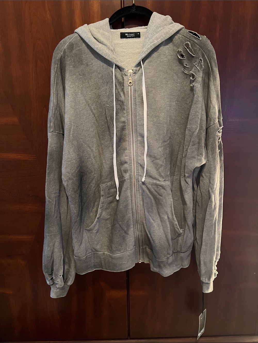 Michael Lauren Grey Distressed Zip-Up Hoodie with Hood and Drawstrings